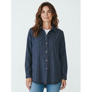 Utility Navy Blue Pinstripe Frayed Hem Button Down Shirt Long Sleeve Pockets
